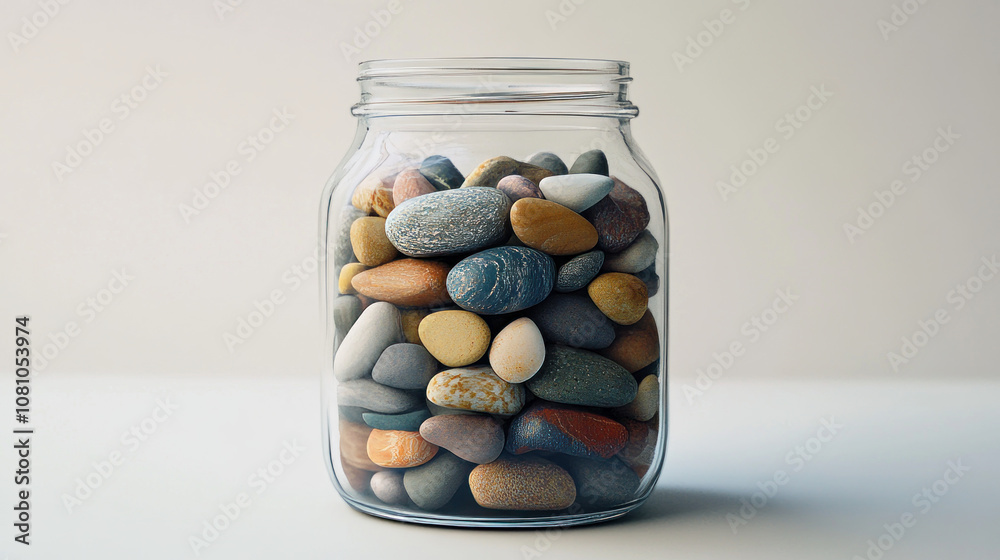 A clear glass jar filled with smooth sea pebbles sits alone on a white surface. A clear glass jar filled with smooth sea pebbles sits alone on a white surface.