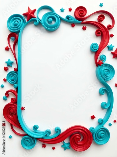 Cute turquoise and red swirls with stars border frame portrait on white background