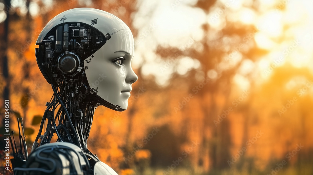A Stunning Side Profile of a Futuristic Robot Head Surrounded by Autumn Foliage, Capturing the Essence of Technology in Nature’s Beauty