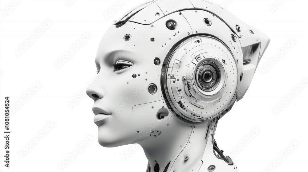 A Modern White Robot Head Portrait Against a Minimalist Backdrop Captures the Essence of Advanced Technology and Design in Contemporary Art
