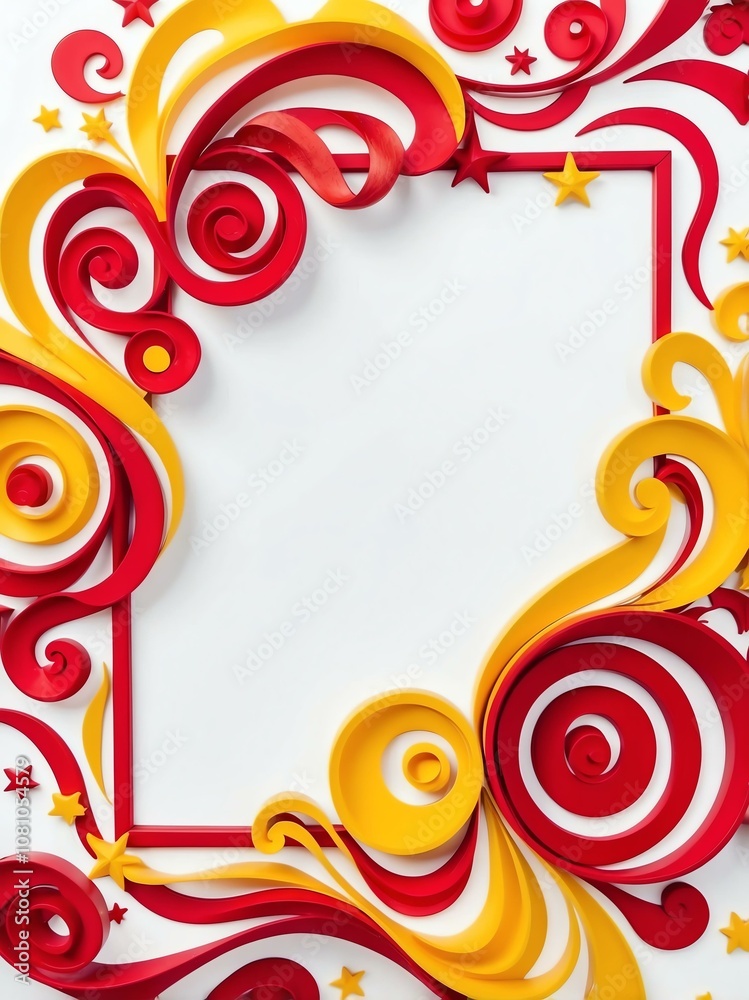 Cute red and yellow swirls with stars border frame portrait on white background Cute red and yellow swirls with stars border frame portrait on white background