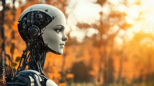 Obraz na płótnie A Stunning Side Profile of a Futuristic Robot Head Surrounded by Autumn Foliage, Capturing the Essence of Technology in Nature’s Beauty w salonie