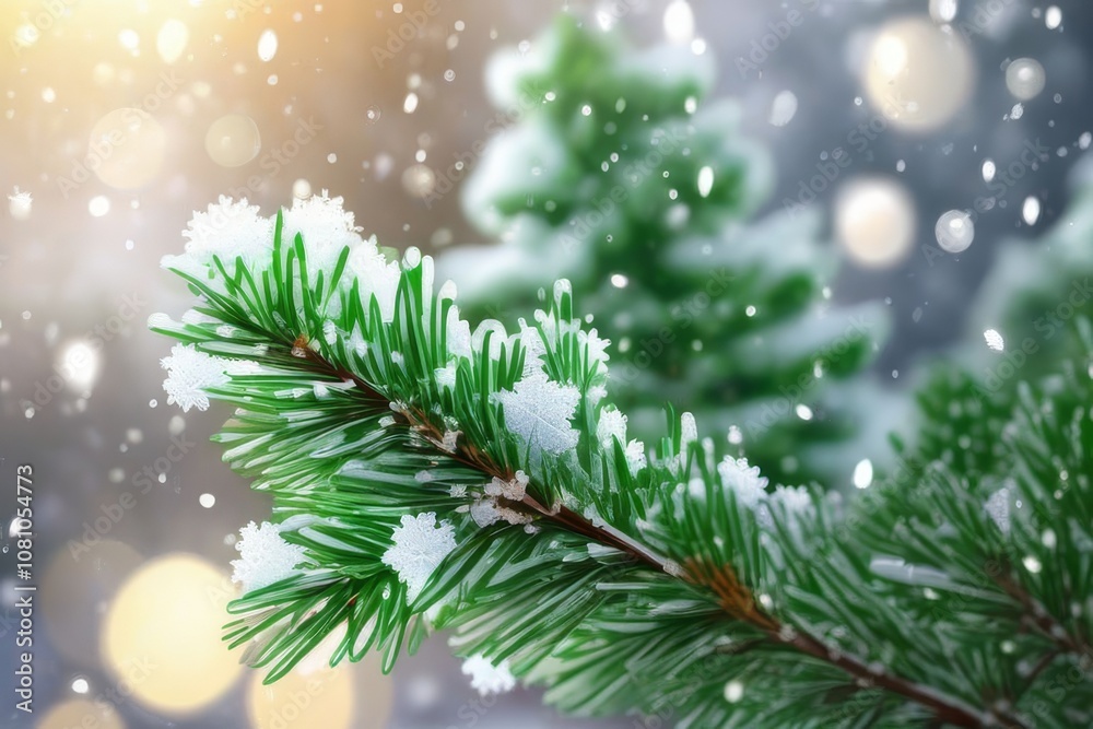 Closeup of Christmas tree with light, snow flake. Christmas and New Year holiday background. vintage color tone.