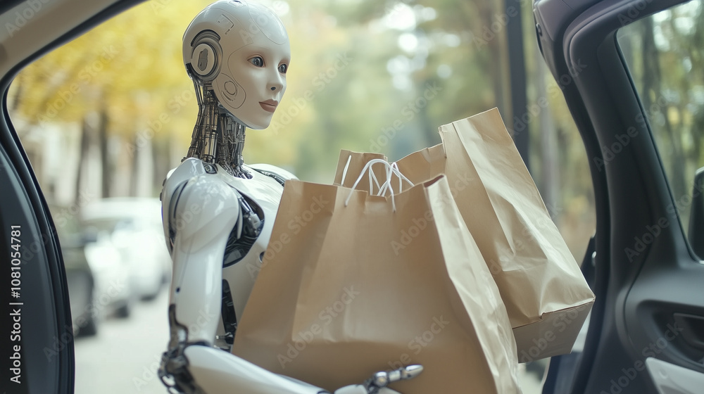 Humanoid Robot Assists Individuals in Unloading Shopping Bags From a Vehicle in a Vibrant Outdoor Market Setting