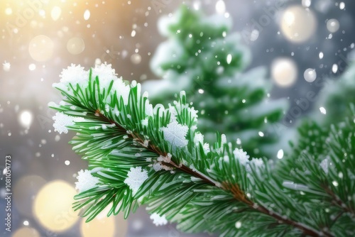 Obraz na płótnie Closeup of Christmas tree with light, snow flake. Christmas and New Year holiday background. vintage color tone. w salonie
