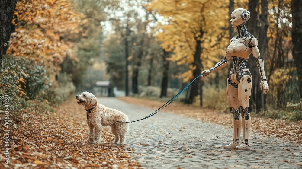 A Walking Robot Companion Takes a Leisurely Stroll With a Dog Through a Tranquil Park Adorned With Autumn Foliage