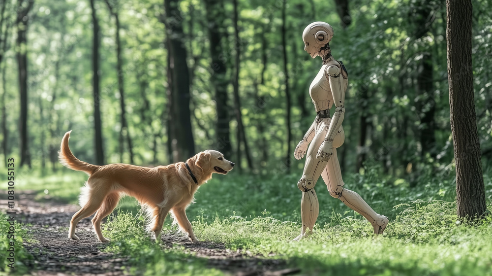 A Humanoid Robot Takes a Leisurely Stroll With a Golden Retriever in a Serene Forest Setting During a Sunny Afternoon