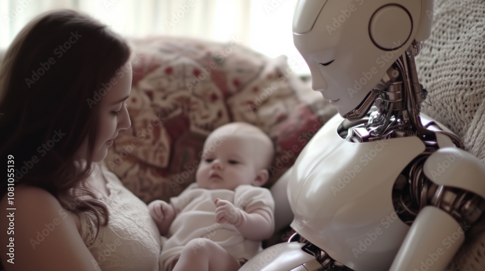 A Humanoid Robot Reads to a Baby While a Caring Parent Observes in a Cozy Home Setting During a Quiet Afternoon
