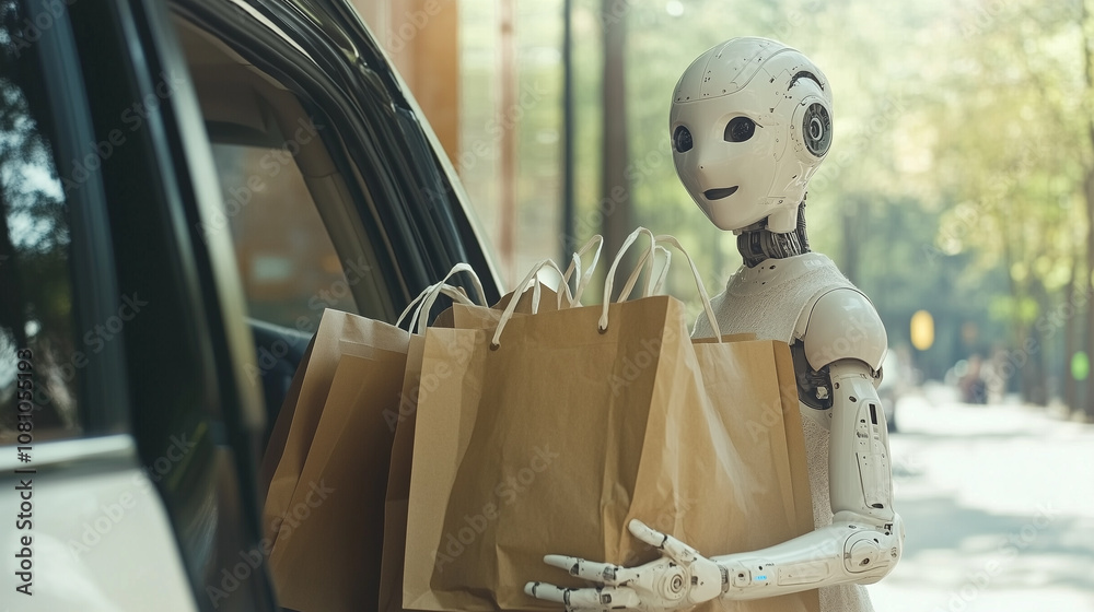 A Friendly Humanoid Robot Assists Shoppers by Carrying Their Bags From the Car to Their Homes on a Sunny Day