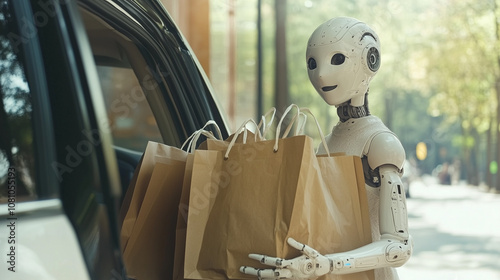 A Friendly Humanoid Robot Assists Shoppers by Carrying Their Bags From the Car to Their Homes on a Sunny Day