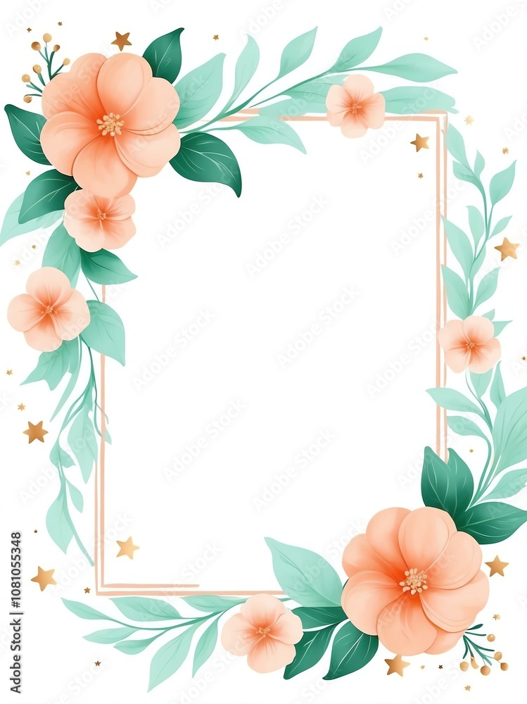 Fototapeta premium Cute peach and mint green swirls with stars border frame portrait on white background