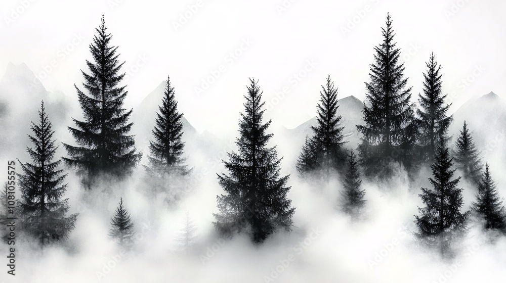 Obraz premium Enchanted Mist: Vintage Fir Forest Landscape