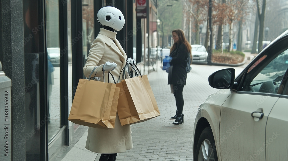 A Human-Like Robot Assists Shoppers in Carrying Bags From a Car on a Busy City Street During the Afternoon