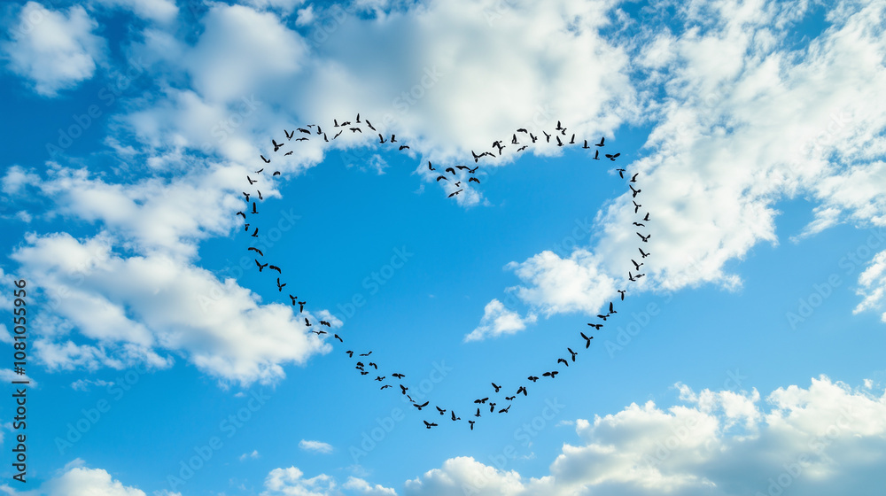 Ducks Gracefully Flying in a Heart Formation Against a Bright Sky Ducks Gracefully Flying in a Heart Formation Against a Bright Sky