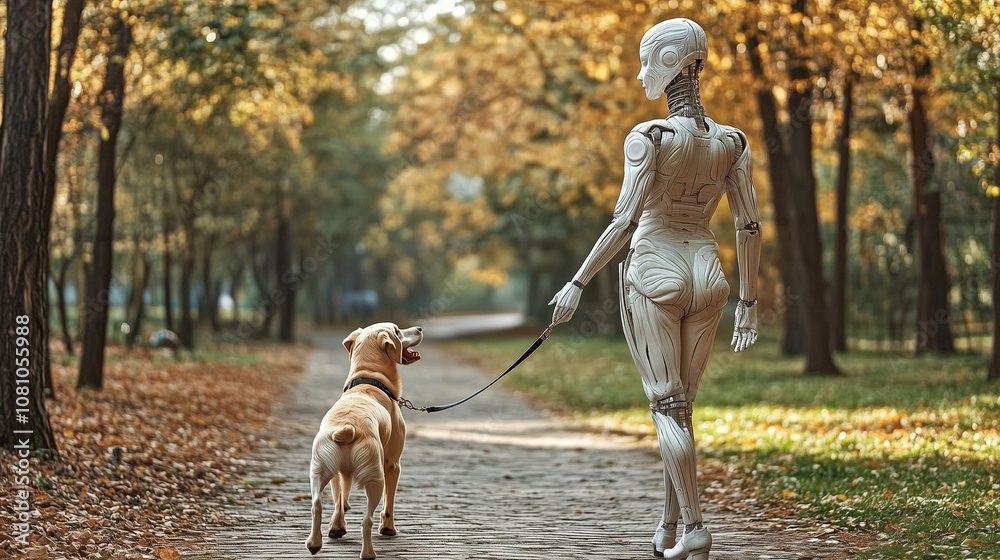 A Futuristic Robot Companion Walks a Cheerful Dog Through Colorful Autumn Leaves in a Serene Park