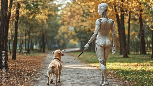 A Futuristic Robot Companion Walks a Cheerful Dog Through Colorful Autumn Leaves in a Serene Park