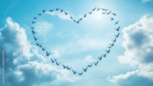 Ducks Soaring in Heart-Shaped Formation Under a Bright Sky