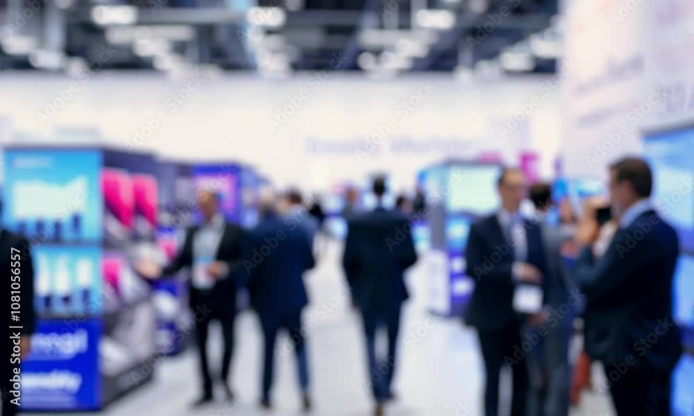 Blurred view of a crowded trade show or conference. Suitable for presentations, websites, marketing materials, and social media posts.