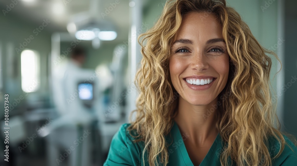 A smiling dental professional with curly hair standing confidently in a modern office, exuding warmth and professionalism, enhancing trust and comfort for patients. A smiling dental professional with curly hair standing confidently in a modern office, exuding warmth and professionalism, enhancing trust and comfort for patients.