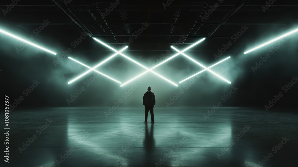 A man stands in an expansive room with intersecting light beams, representing themes of discovery, decision-making, and crossroads within a futuristic abstract environment. A man stands in an expansive room with intersecting light beams, representing themes of discovery, decision-making, and crossroads within a futuristic abstract environment.