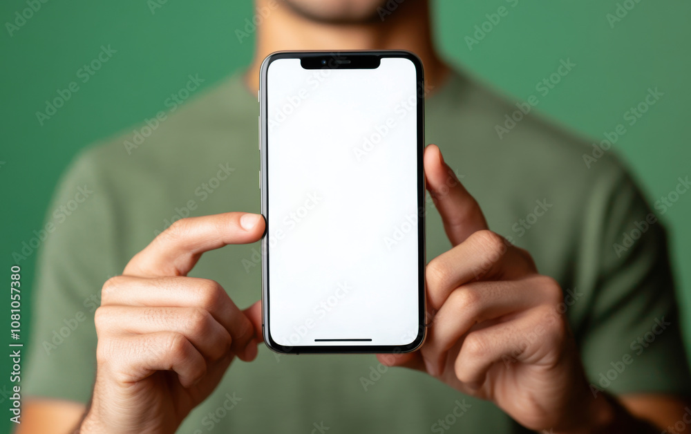 Young man holding smartphone with white screen. Mobile phone mockup for your advertising concept or social media banner design, online shopping concept stock photo. Young man holding smartphone with white screen. Mobile phone mockup for your advertising concept or social media banner design, online shopping concept stock photo.