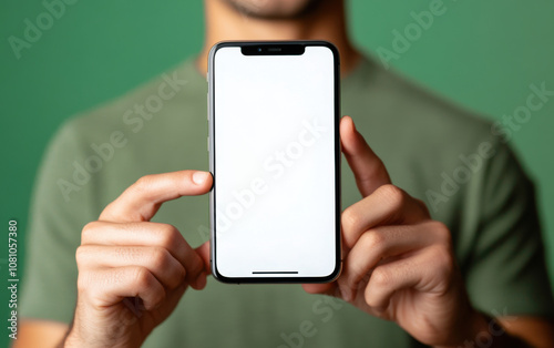 Young man holding smartphone with white screen. Mobile phone mockup for your advertising concept or social media banner design, online shopping concept stock photo.