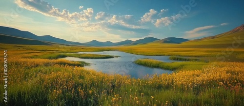 Serene mountain lake with green hills in the background, under a blue sky.