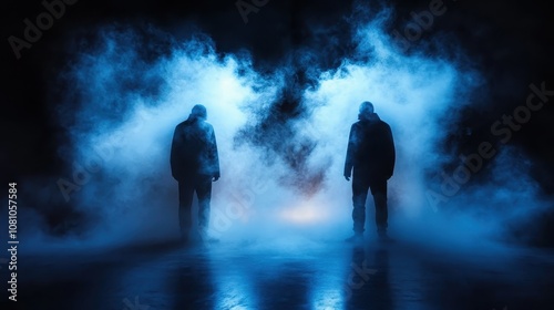 The scene captures two shadowed figures standing still within a dense, eerie blue fog, evoking feelings of suspense, introspection, and otherworldly presence.
