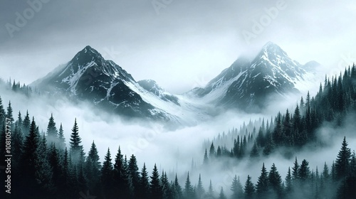 Fototapeta Naklejka Na Ścianę i Meble -  Enchanted Misty Mountain Wilderness in Vintage Retro Style