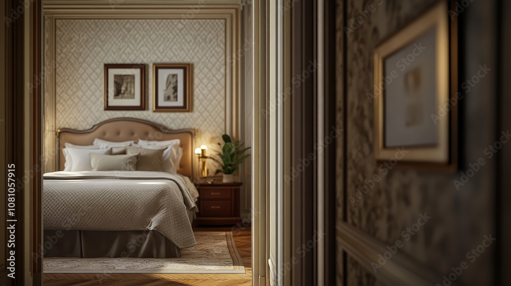 A slightly ajar door reveals a luxurious hotel bedroom in the background, creating a sense of intrigue and grandeur. A slightly ajar door reveals a luxurious hotel bedroom in the background, creating a sense of intrigue and grandeur.