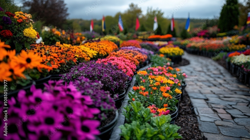 Naklejka premium A beautiful garden path surrounded by vibrant flower arrangements of multiple colors, evoking feelings of peace, happiness, and the beauty of nature.