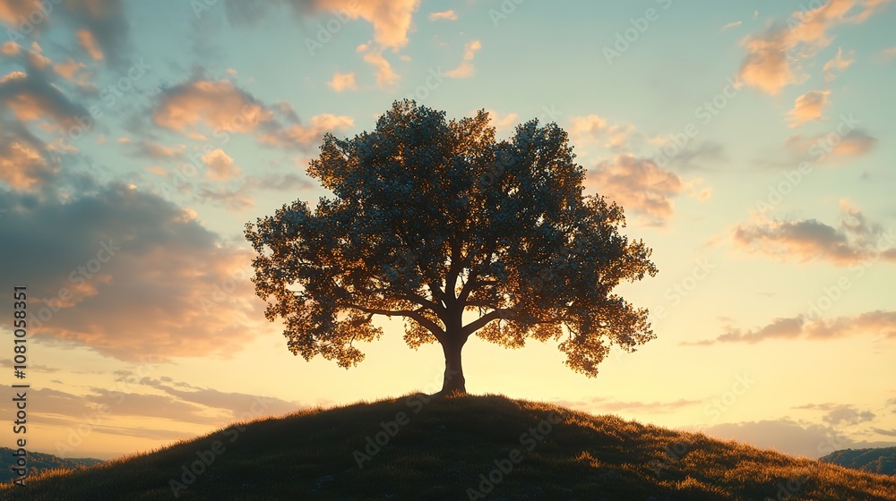 A solitary tree stands on a hill at sunset, creating a serene scene. A solitary tree stands on a hill at sunset, creating a serene scene.