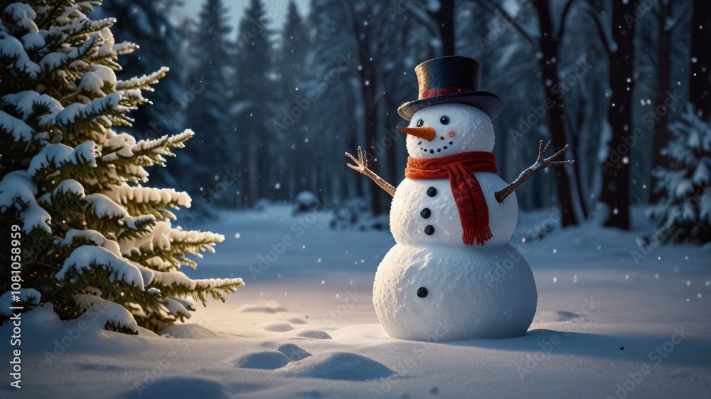 Happy cartoon snowman standing in a winter Christmas landscape. Merry Christmas and Happy New Year card with copy space. Snow background