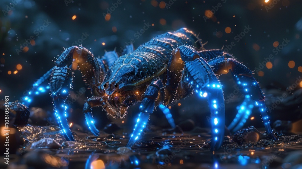 A futuristic, glowing blue scorpion with a menacing expression, standing on a dark, rocky surface. A futuristic, glowing blue scorpion with a menacing expression, standing on a dark, rocky surface.