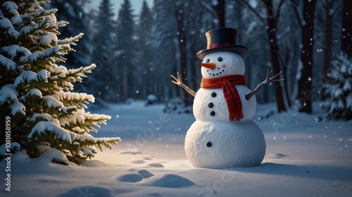 Obraz na płótnie Happy cartoon snowman standing in a winter Christmas landscape. Merry Christmas and Happy New Year card with copy space. Snow background w salonie