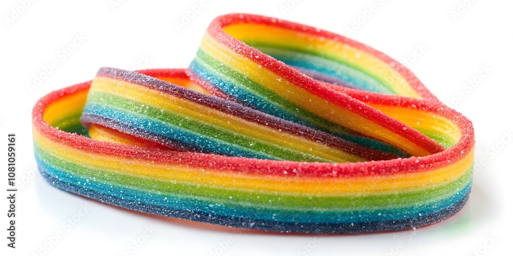 Tasty rainbow sour belt candy isolated on a white background. Perfect for confectionery advertisements or colorful, playful designs emphasizing sweetness and vibrancy. Tasty rainbow sour belt candy isolated on a white background. Perfect for confectionery advertisements or colorful, playful designs emphasizing sweetness and vibrancy.