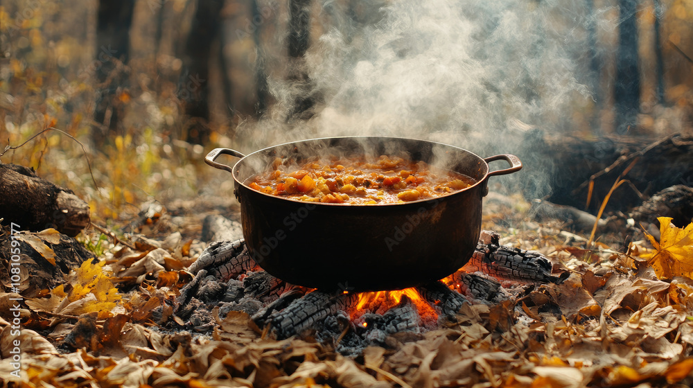 A tasty stew is simmering in a big pot over a campfire on a bright day. It's a great way to cook outdoors, enjoy meals while camping, and make classic dishes. A tasty stew is simmering in a big pot over a campfire on a bright day. It's a great way to cook outdoors, enjoy meals while camping, and make classic dishes.