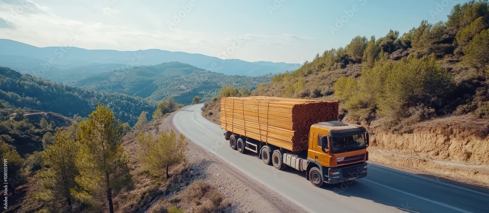 A large semi-trailer truck loaded with timber drives along a winding mountain road. A large semi-trailer truck loaded with timber drives along a winding mountain road.