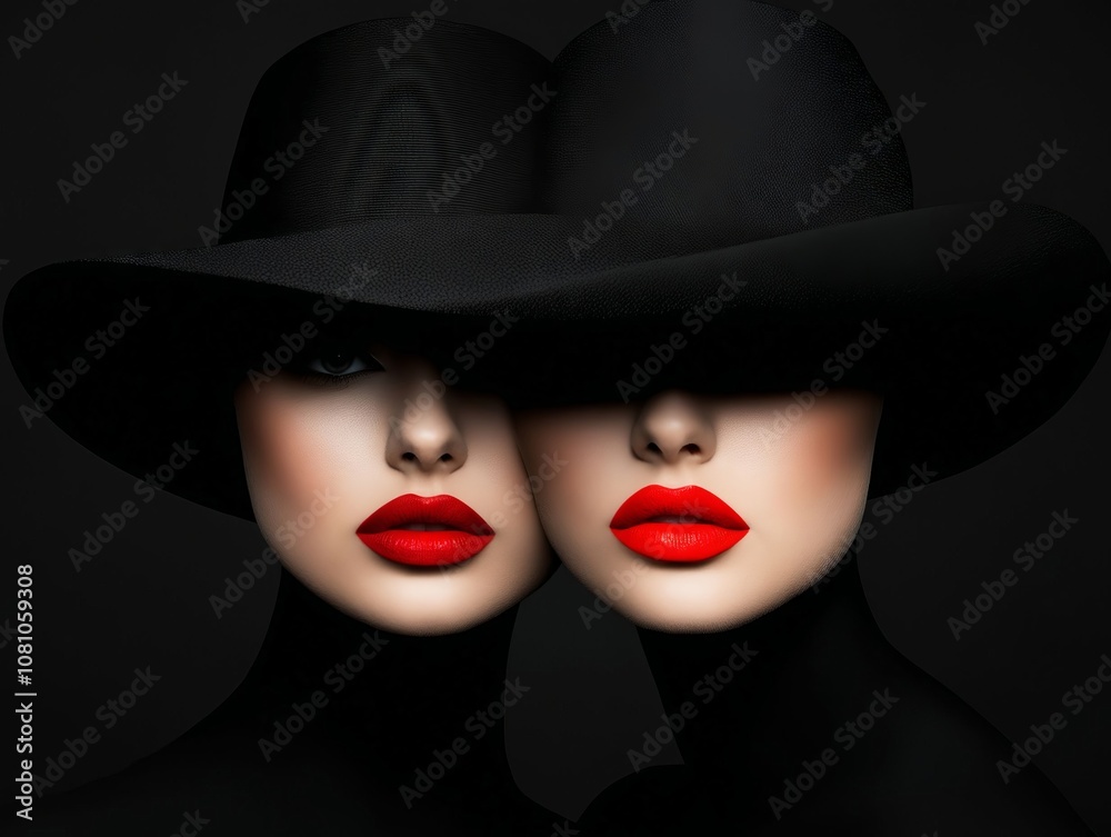 A woman with red lipstick and a black hat A woman with red lipstick and a black hat