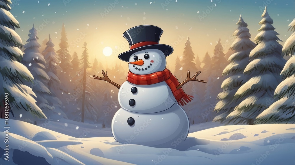 Happy cartoon snowman standing in a winter Christmas landscape. Merry Christmas and Happy New Year card with copy space. Snow background