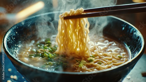 Steaming bowl of ramen with chopsticks. photo