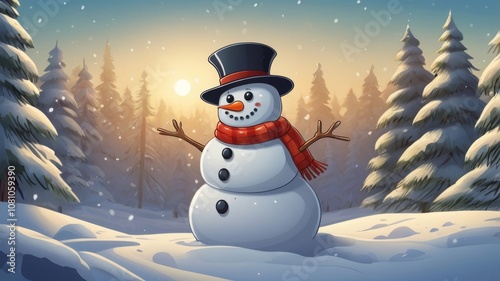 Obraz na płótnie Happy cartoon snowman standing in a winter Christmas landscape. Merry Christmas and Happy New Year card with copy space. Snow background w salonie