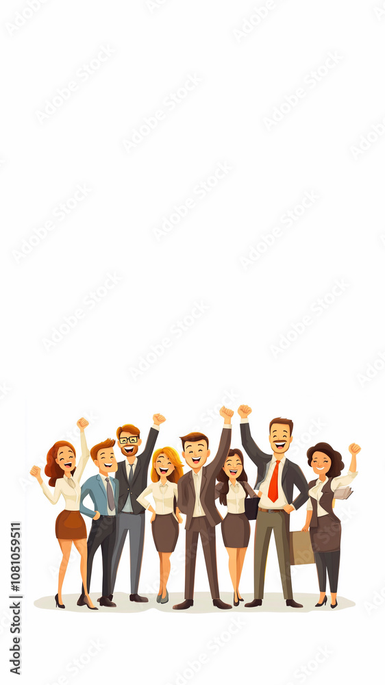 A cheerful business team in a cartoon style, standing together on a white background. Vertical composition with happy employees collaborating, ideal for concepts of teamwork, positivity