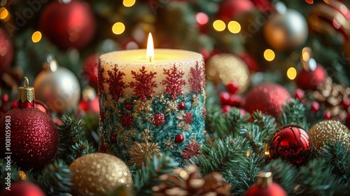 Candle aglow amid festive Christmas decor and twinkling lights on a cozy table setting.