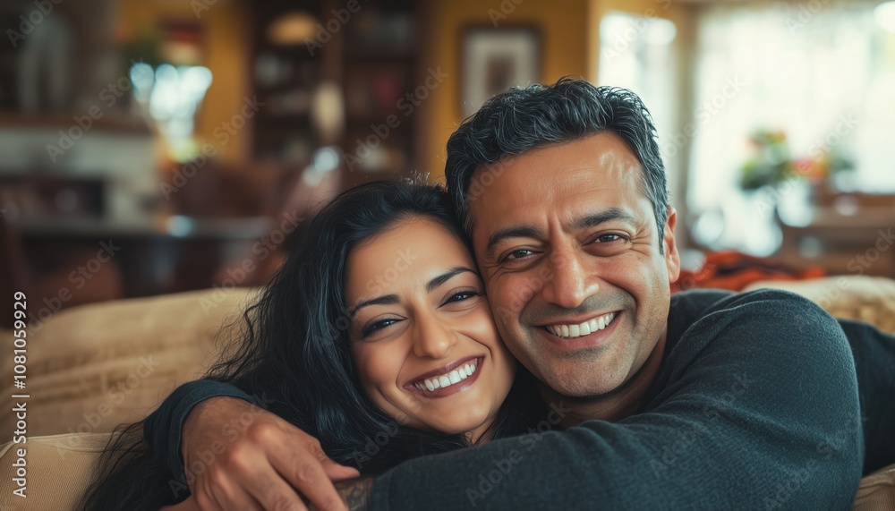Middle Eastern Man Enjoying Quality Time With Beautiful Young Wife And Indian Man With Latin Woman, Embracing On Couch. Smiling Ethnic Couple In Living Room. Middle Eastern Man Enjoying Quality Time With Beautiful Young Wife And Indian Man With Latin Woman, Embracing On Couch. Smiling Ethnic Couple In Living Room.