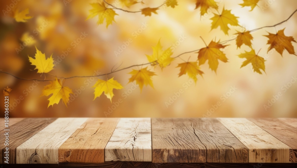 Wooden Table with Autumn Background