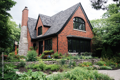 A red brick and black-roofed home with large windows, an arched gable on the front of one side wall, and a stone chimney, surrounded by greenery and flower beds in the yard.