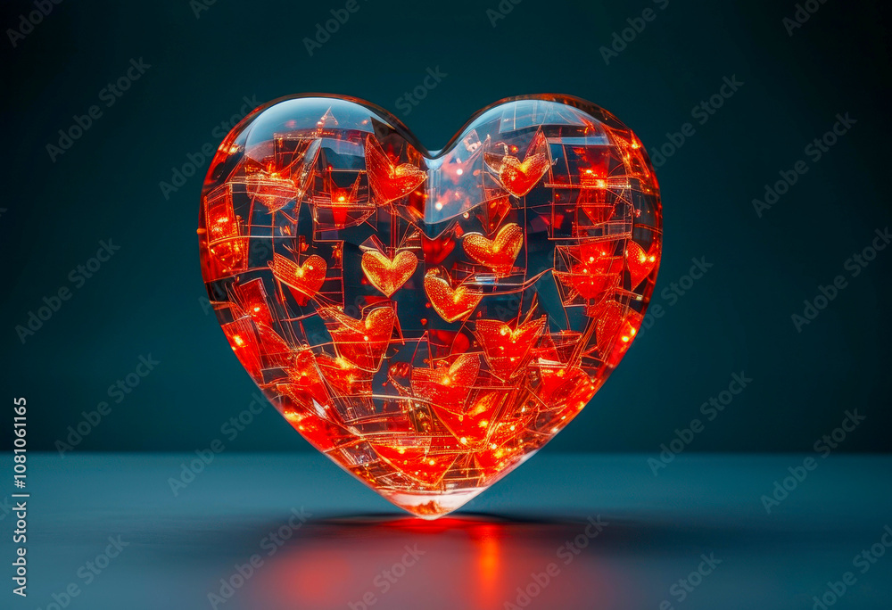 A glass red heart glows from within, against a dark background A glass red heart glows from within, against a dark background