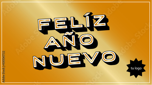 Tarjeta feliz año moderna con fondo dorado y tipografia tipo cartel editable para año nuevo o navidad