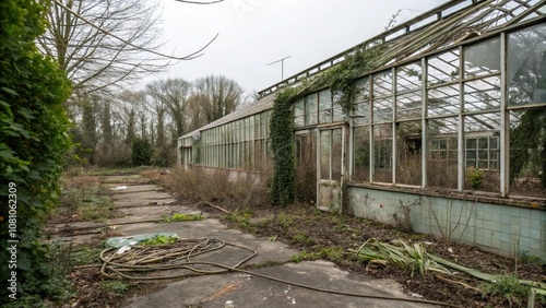 ruined, overgrown, neglected greenhouse with broken glass and tangled vegetation, decaying, wet, rotting, soggy, moldering